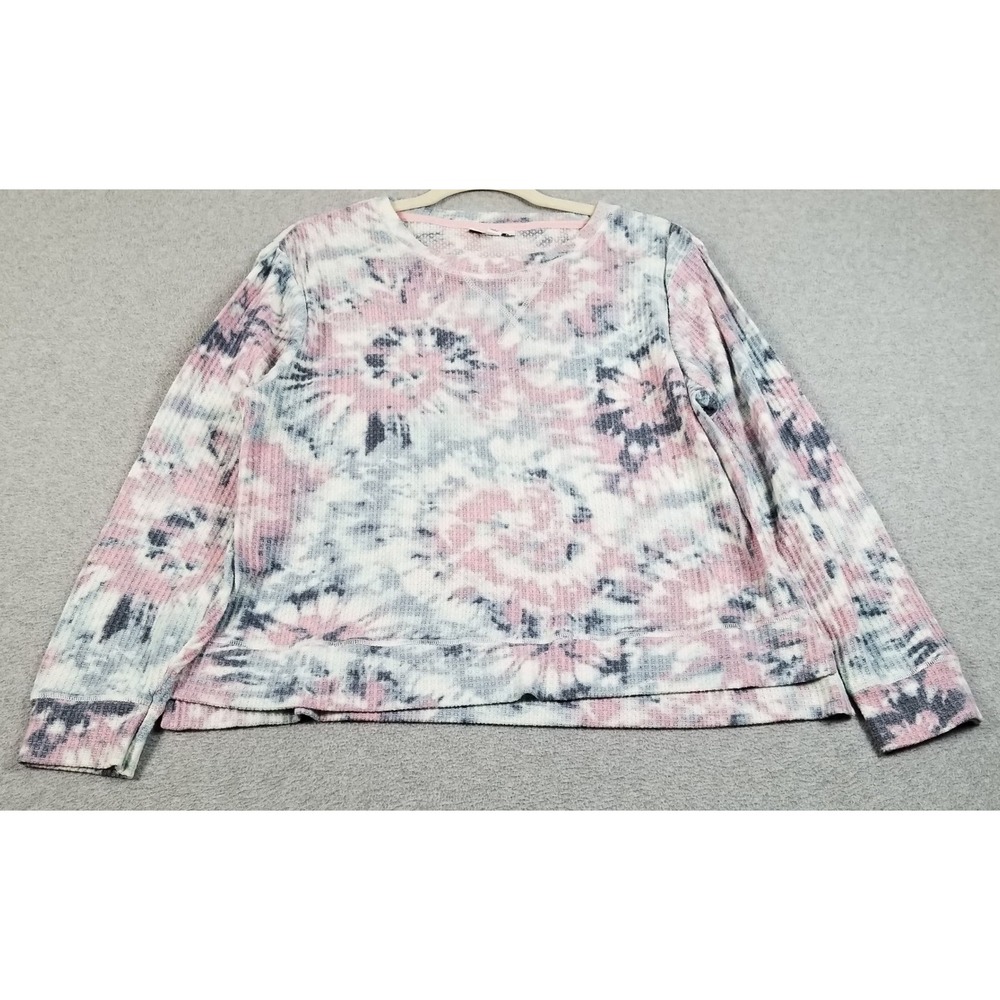 Roudelain Waffle Knit Top Women XL Pink Blue Tie Dye Long Sleeve Loungewear Tee
